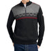 A man wearing a dark charcoal and gray quarter-zip sweater with a Nordic pattern across the chest and blue jeans, shown from the neck down on a white background.