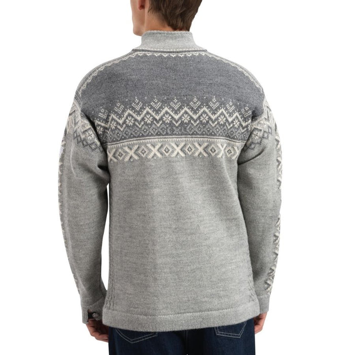 A person shown from the back wearing a heather gray knit sweater with a cream-colored Fair Isle pattern across the shoulders and upper back, paired with dark blue jeans against a plain white background.