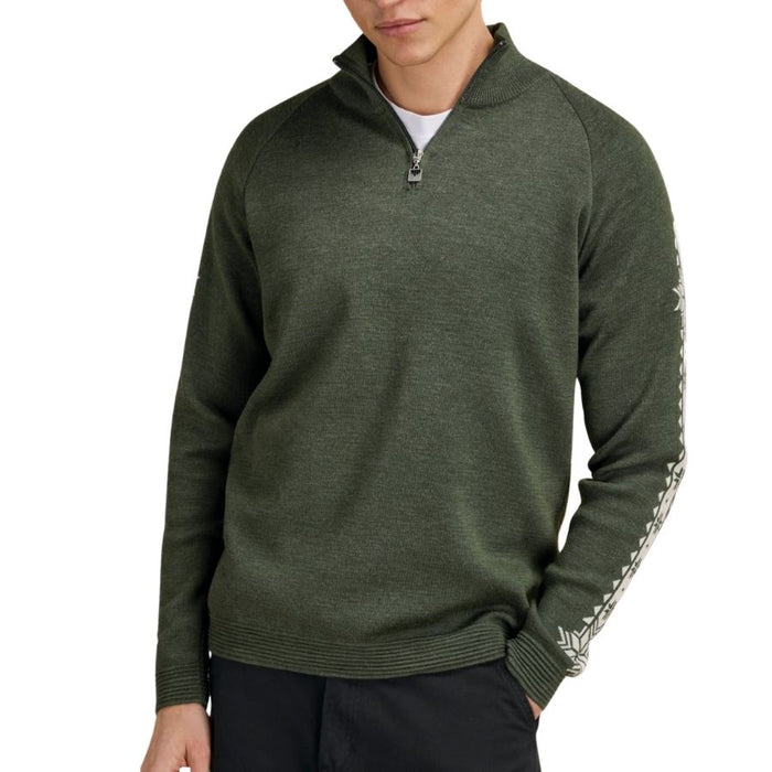 A man wearing an olive green quarter-zip pullover sweater with white knit sleeve detailing, shown from the chin down against a plain white background.