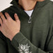 Close-up of a person wearing an olive green quarter-zip sweater with a white knit snowflake pattern on the cuff and a white undershirt visible at the collar.