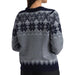 A person shown from the back wearing a navy and gray patterned knit sweater with a Fair Isle style design, set against a plain white background.