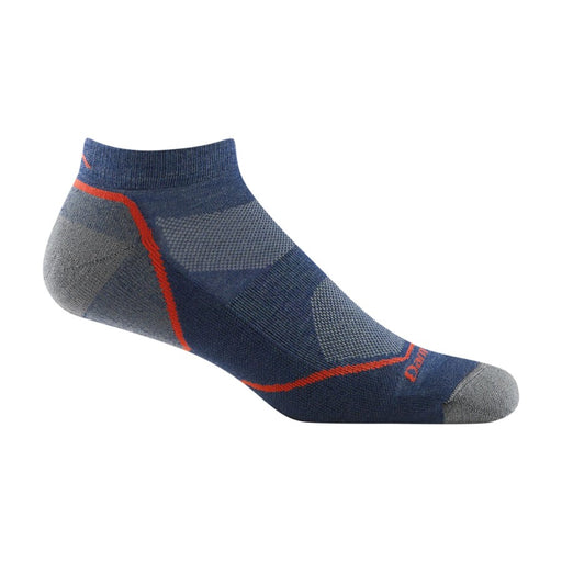 Blue ankle sock with red accents on a white background