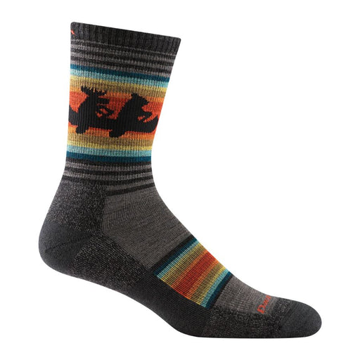 Gray sock with colorful pattern and moose design on a white background