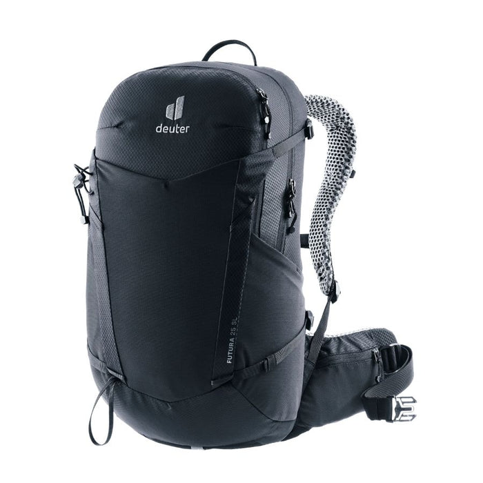 Black backpack with Deuter branding against a white background