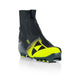 Black and yellow ski boot with Fischer branding against a white background.