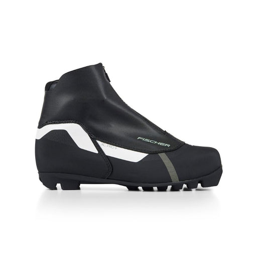 Black and white ski boot with Fischer branding against a white background.