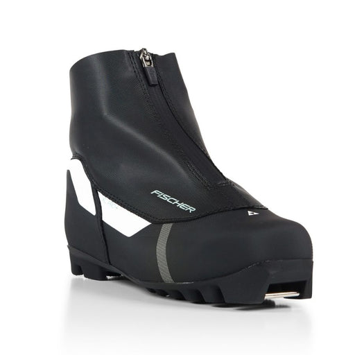 Black and white ski boot with Fischer branding against a white background.