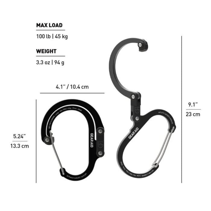 Black carabiner with measurements and specifications on a white background