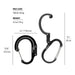 Black carabiner with measurements and specifications on a white background
