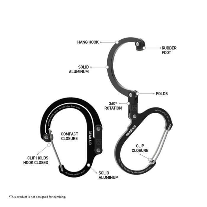Black carabiner with labeled features on a white background