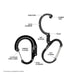 Black carabiner with labeled features on a white background