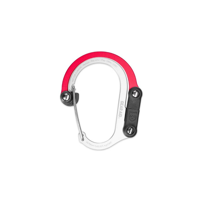 A red and silver carabiner with black locking hardware, shown on a plain white background.