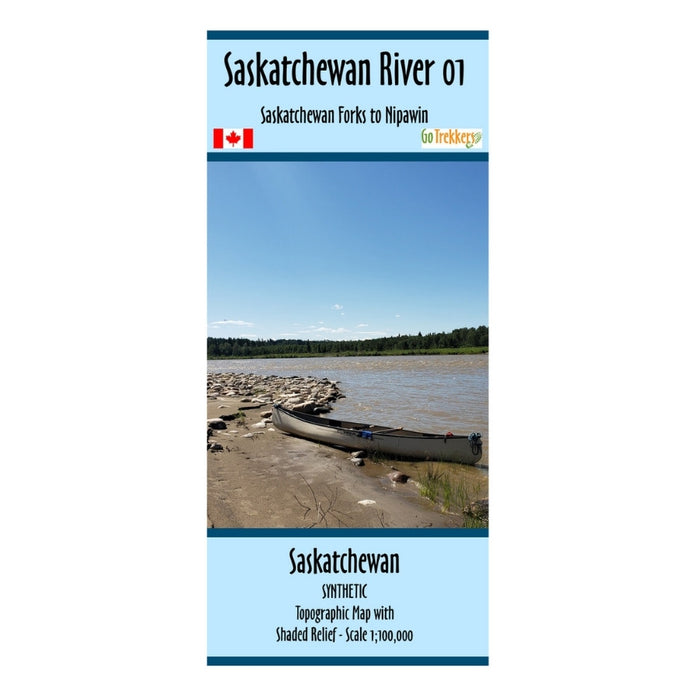 A folded map cover for Saskatchewan River 01, showing a photograph of a riverbank with a canoe under a blue sky, with text reading 'Saskatchewan River 01' and 'Synthetic Topographic Map'.