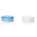 Two small round plastic containers or caps shown on a white background, one translucent blue on the left and one opaque white on the right.