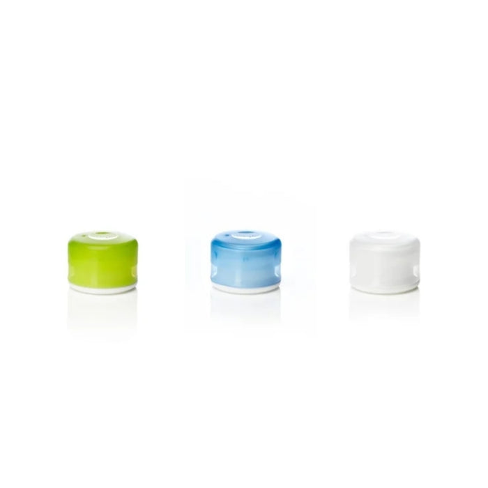 Set of three small plastic containers side by side against a white background. One is green, one blue, and the other is white.