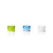 Set of three small plastic containers side by side against a white background. One is green, one blue, and the other is white.