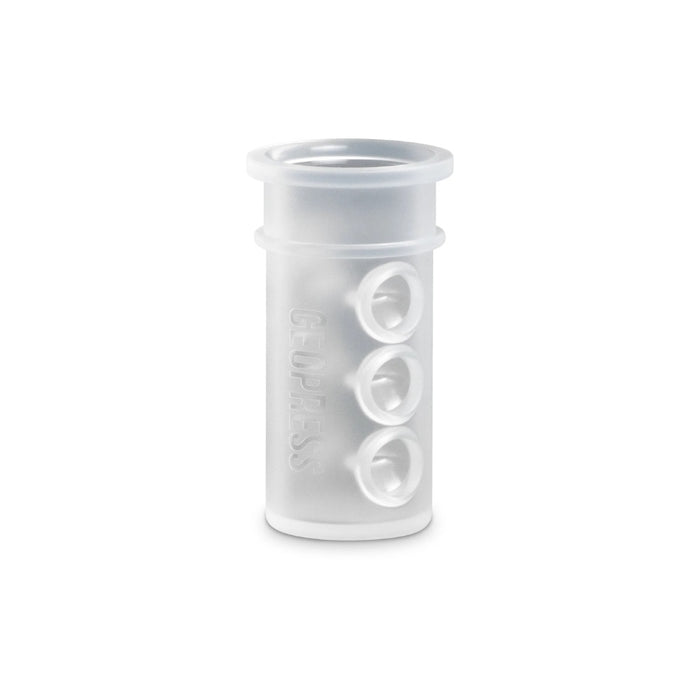 Clear plastic container with three circular components on a white background