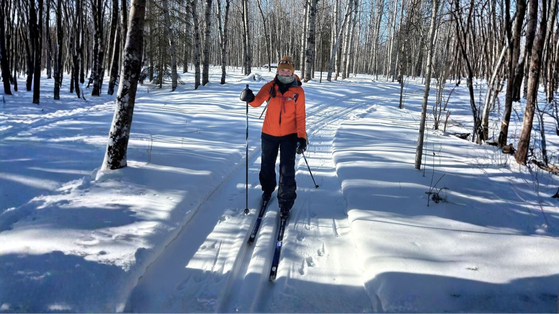 woman cross country skiing in the woods