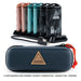 Six metal hand warmers in pink, teal and black standing on a charging dock, with a blue zipped case beside them.