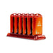 Six orange metal hand warmers standing on a charging dock.