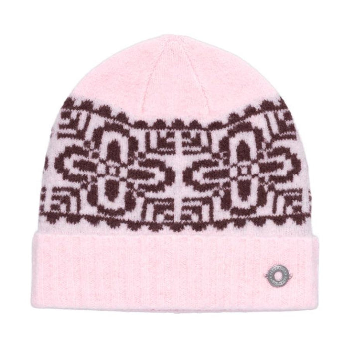 A light pink knit beanie hat featuring a dark brown geometric pattern band and a matching pink folded cuff with a small silver circular logo.
