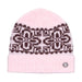 A light pink knit beanie hat featuring a dark brown geometric pattern band and a matching pink folded cuff with a small silver circular logo.