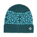 A dark teal knit beanie hat featuring a light blue geometric Fair Isle pattern across the upper half and a ribbed cuff with a small silver metal button closure.
