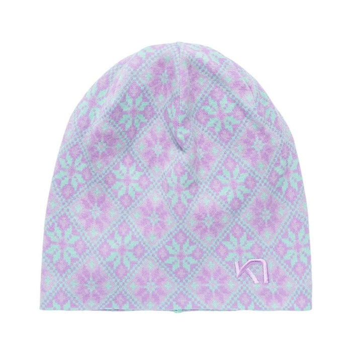 A knit beanie hat featuring a light purple and mint green geometric snowflake pattern, with a small embroidered purple logo on the lower right front, shown against a plain white background.