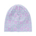 A knit beanie hat featuring a light purple and mint green geometric snowflake pattern, with a small embroidered purple logo on the lower right front, shown against a plain white background.
