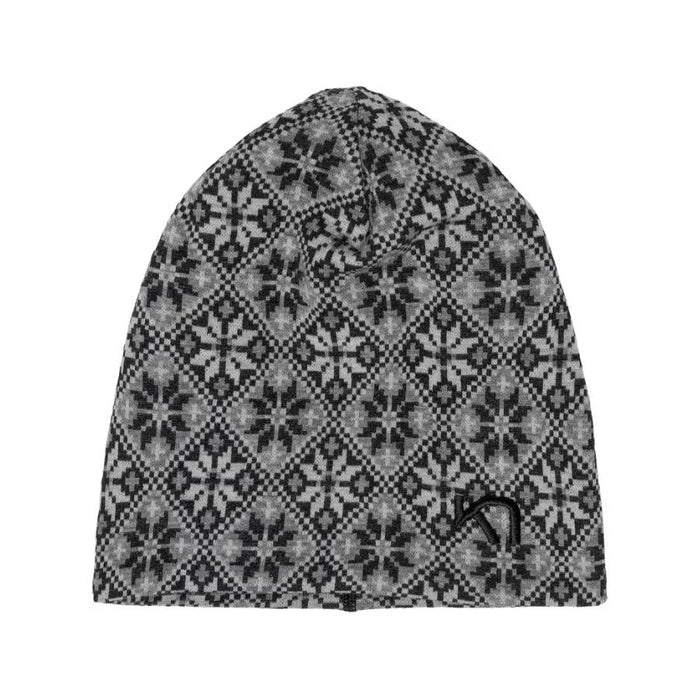 A knit beanie hat featuring a black and gray Nordic snowflake pattern, shown against a plain white background.