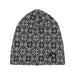A knit beanie hat featuring a black and gray Nordic snowflake pattern, shown against a plain white background.