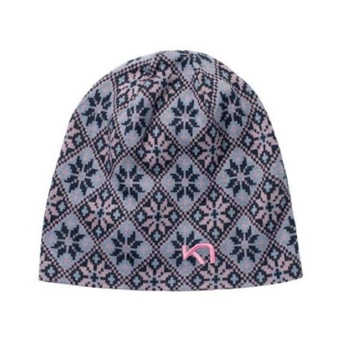 A knit beanie hat featuring a geometric diamond pattern in dusty pink, navy blue, and light gray, with a small pink stylized logo near the bottom right.