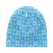 A knit beanie hat featuring a light blue and white geometric snowflake pattern, with a small blue stylized logo on the lower right side, set against a plain white background.