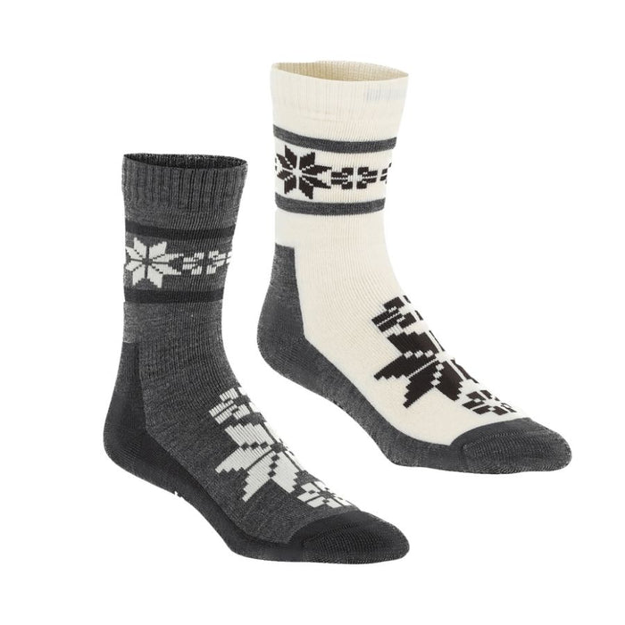 A pair of crew socks shown on invisible forms against a plain white background. One sock is dark gray with a white Nordic snowflake pattern near the cuff and on the foot.