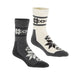 A pair of crew socks shown on invisible forms against a plain white background. One sock is dark gray with a white Nordic snowflake pattern near the cuff and on the foot.