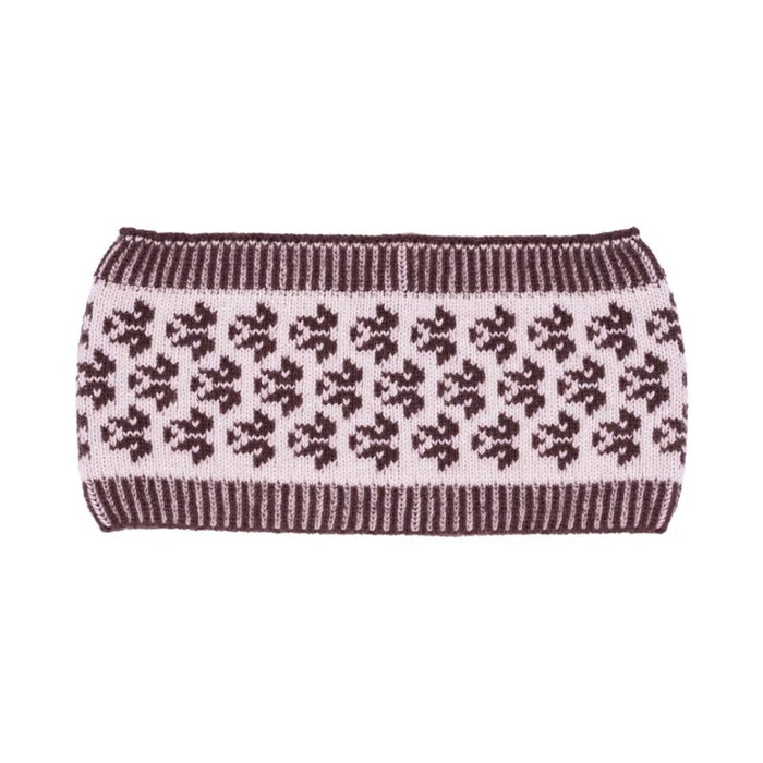 Pink and burgundy patterned headband on a white background.