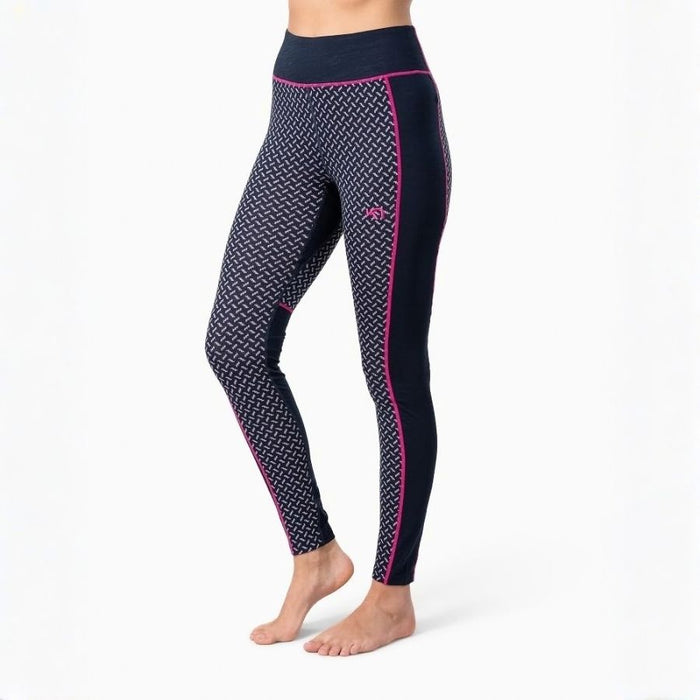 A person modeling high-waisted athletic leggings against a clean white studio background. The leggings are dark navy with a small white geometric pattern on the right leg and bright pink piping accents along the sides.