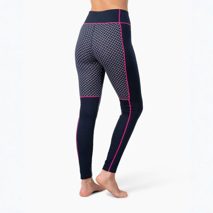 A person wearing high-waisted athletic leggings shown from the back against a clean white studio background. The leggings are dark navy with a geometric patterned panel on the upper thigh and bright pink piping accents.