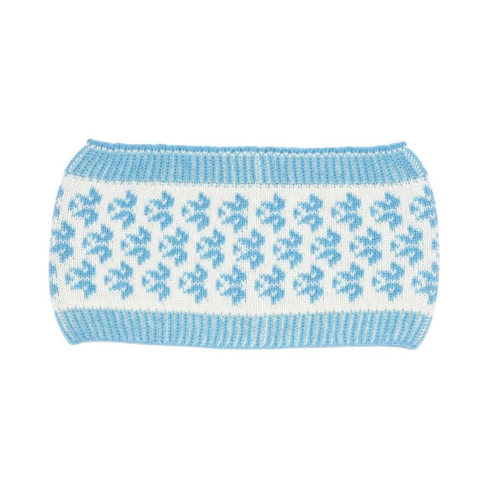 Light blue and white patterned headband on a white background.