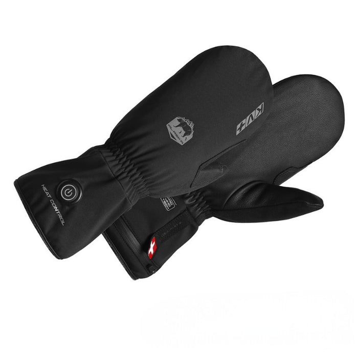 Black heated gloves with visible branding on a white background