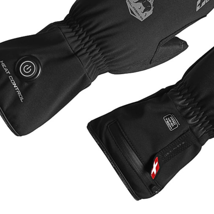 Black heated gloves with brand logo on a white background