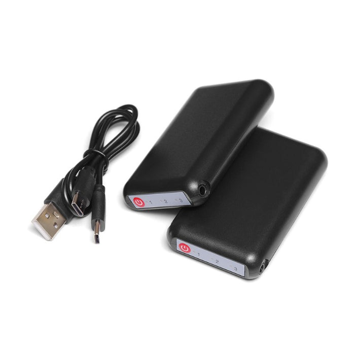 Two black batteries with a USB cable on a white background