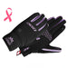 Black gloves with purple accents and a pink ribbon on a white background