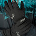 Black gloves with KV+ branding on a textured blue and gray background