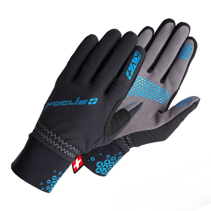 Pair of black and gray gloves with blue accents on a white background