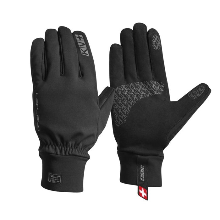 Black gloves with text and logos on a white background