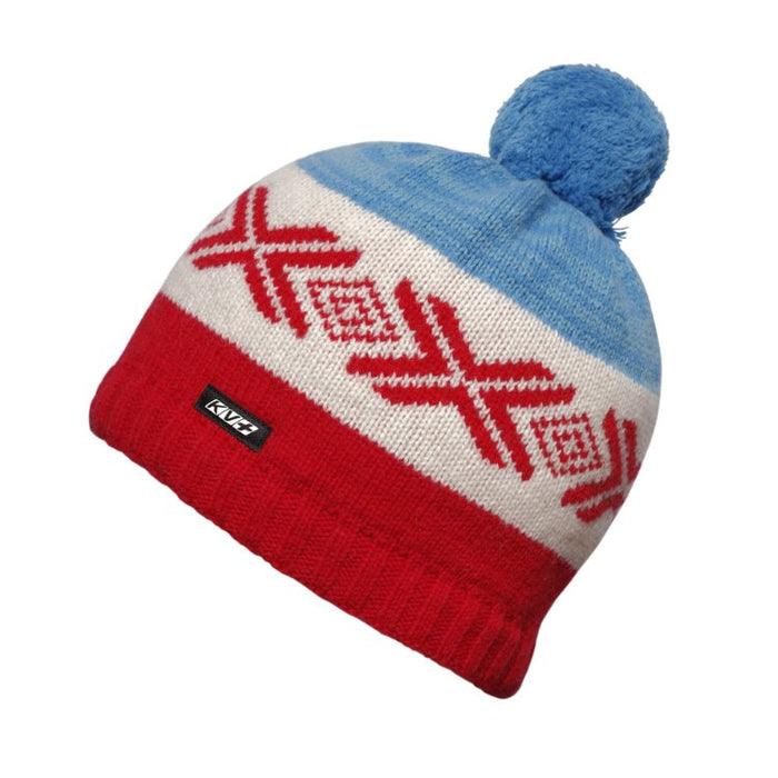 Knitted hat with blue pom-pom, red and white pattern on a white background