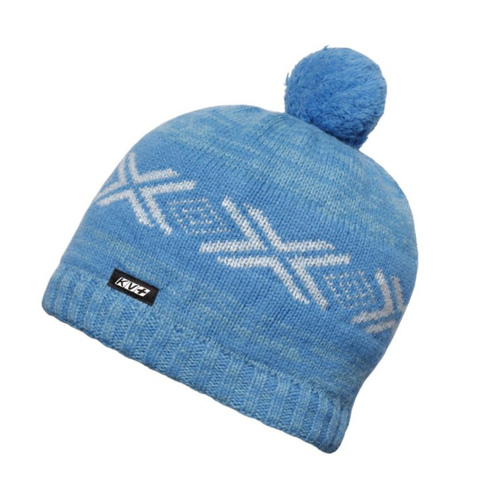 Blue knit beanie with pom-pom and white snowflake pattern on a white background