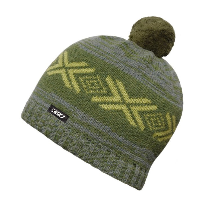 Green knit beanie with geometric patterns and a pom-pom on a white background