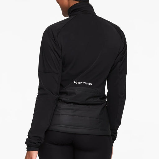 Black jacket with a brand logo on the back against a white background